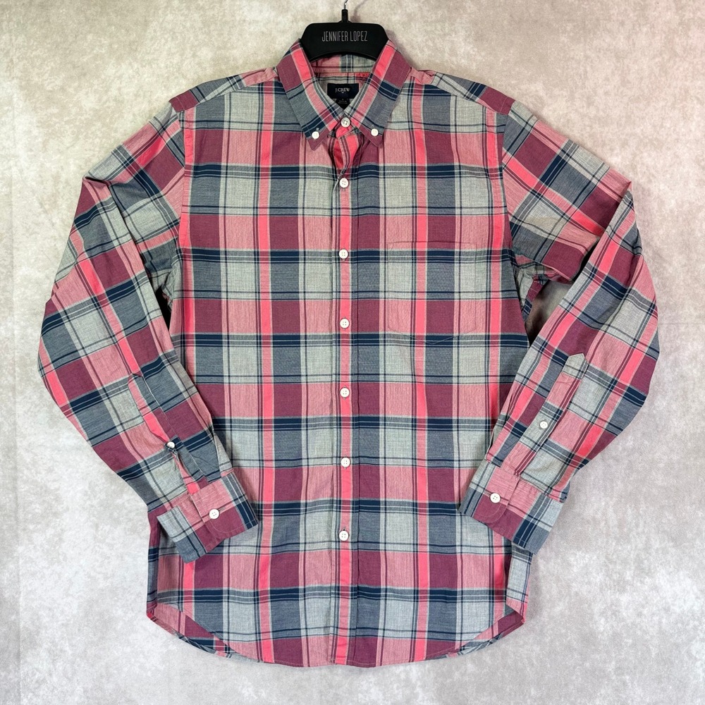 J Crew Button Down Shirt Mens Small Red Grey Plaid Long Sleeve Preppy Academia